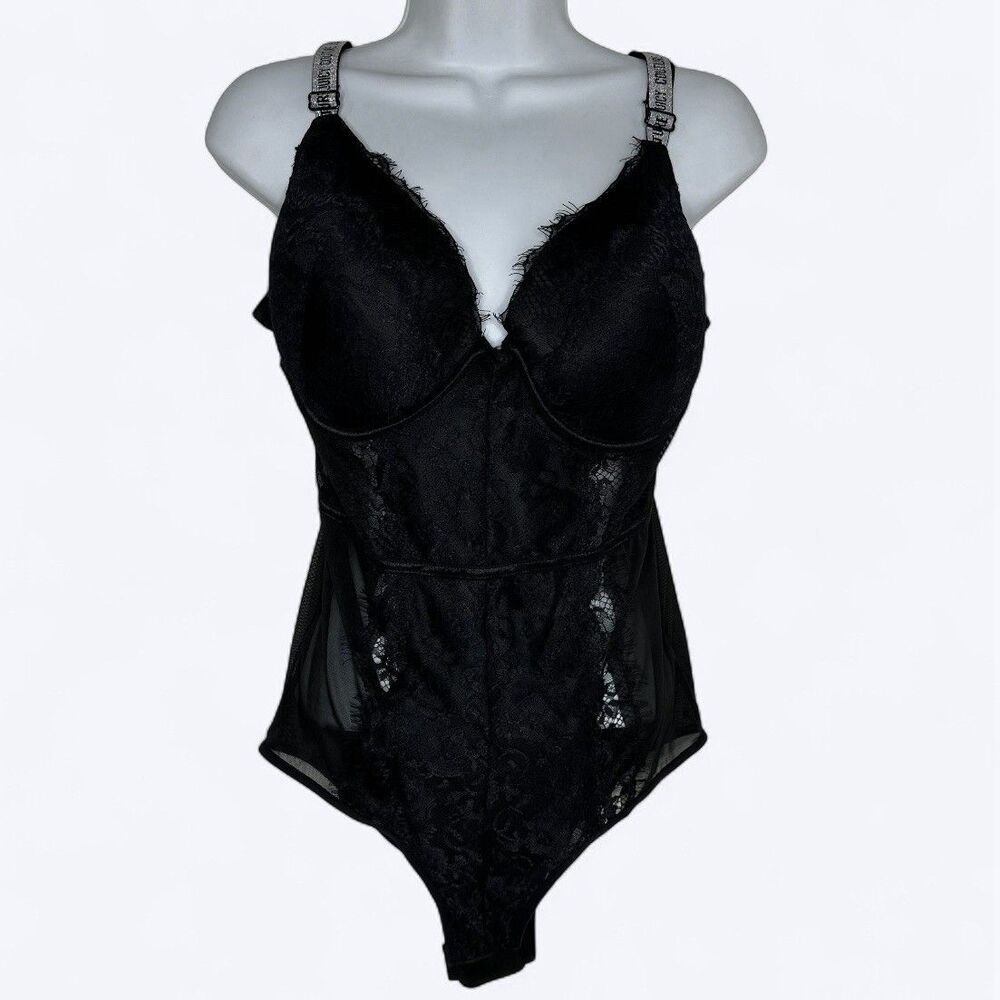 Juicy Couture Sexy Lingerie Bodysuit 1X Black Lace Mesh Branded Metallic Straps